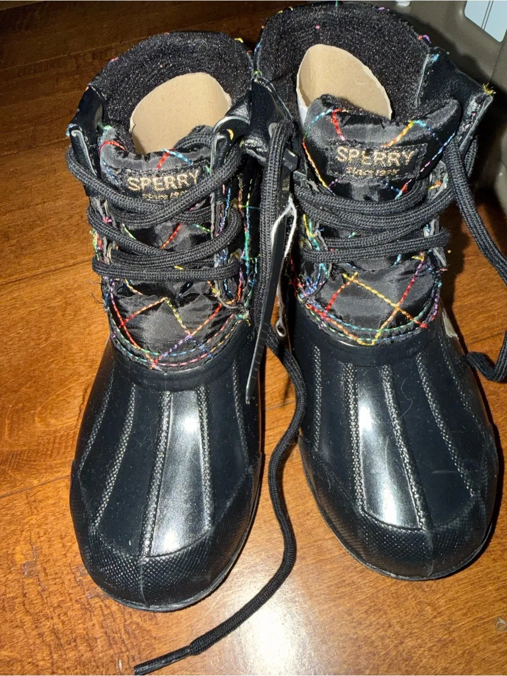 Sperry Kids Black Quilted Multicolor-Thread Duck Boots